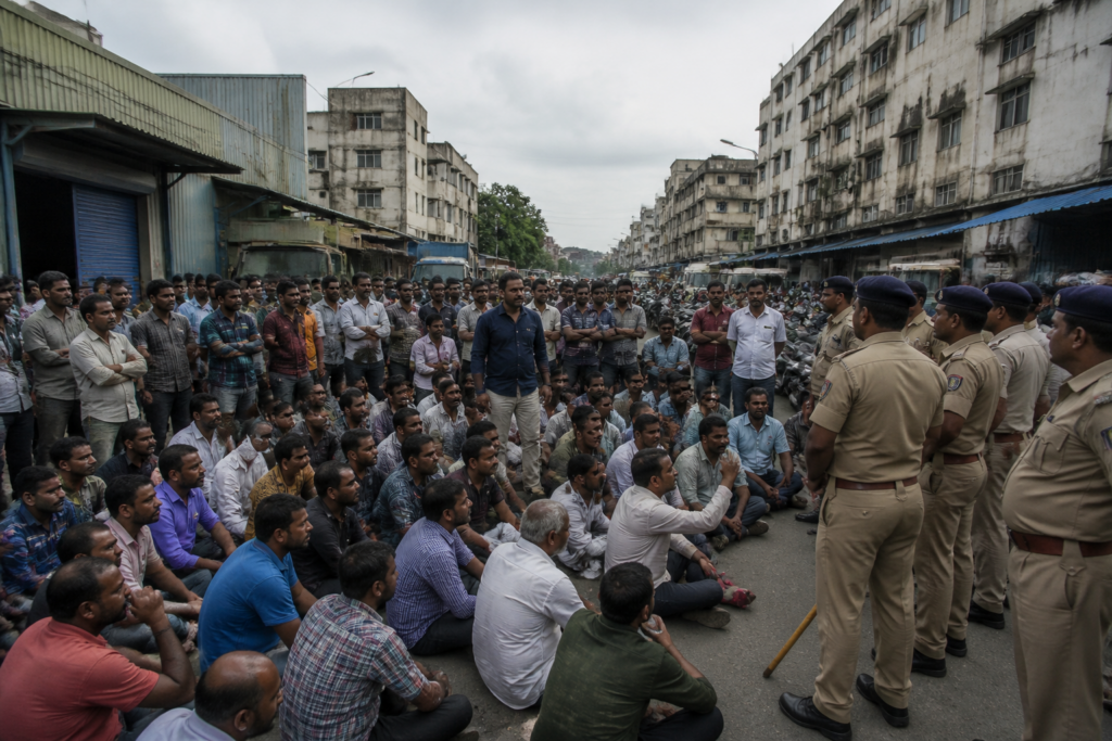 Surat textile workers gathered near an industrial area during a labour rights protest