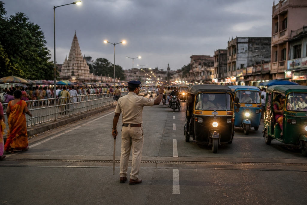 Gaya Durga Puja traffic plan with vehicles diverted near a crowded festival route