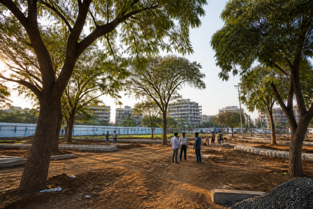 Sadhugram development site at Tapovan in Nashik with mature trees and civic construction activity