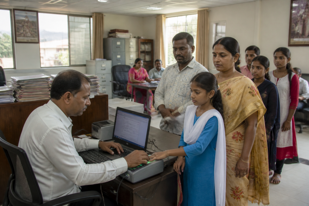 Aadhaar enrolment camps in Telangana serving students and families at an education office