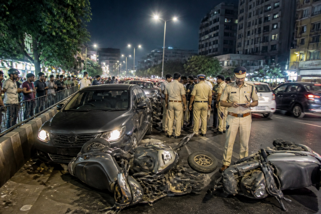Police and damaged vehicles after a drunk driving crash on a Kothrud road in Pune
