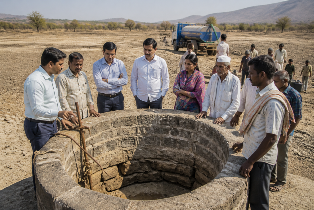 Ambegaon water scarcity response with officials inspecting a rural water source in Maharashtra