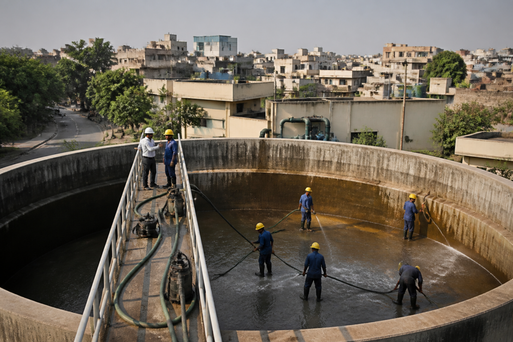 Ahmedabad water tank cleaning workers maintaining a municipal water storage facility