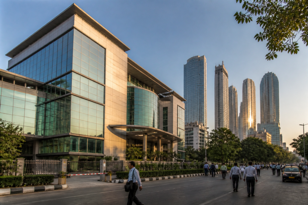 IDBI Bank sale represented by an Indian bank building and financial district skyline