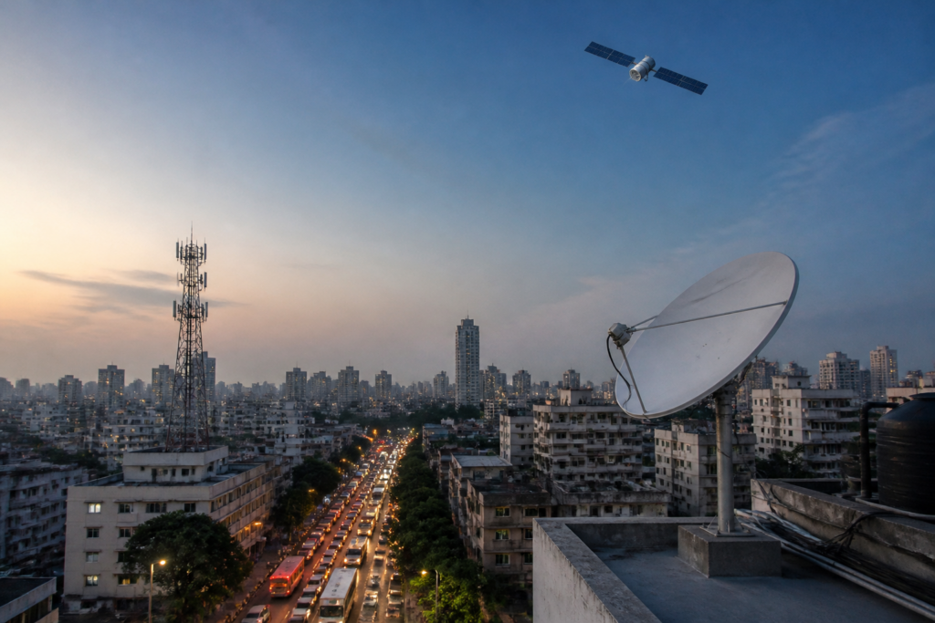 Satellite internet in India represented by a satellite network over an Indian city