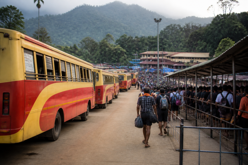 KSRTC Sabarimala services buses prepared for pilgrims at a Kerala transport hub