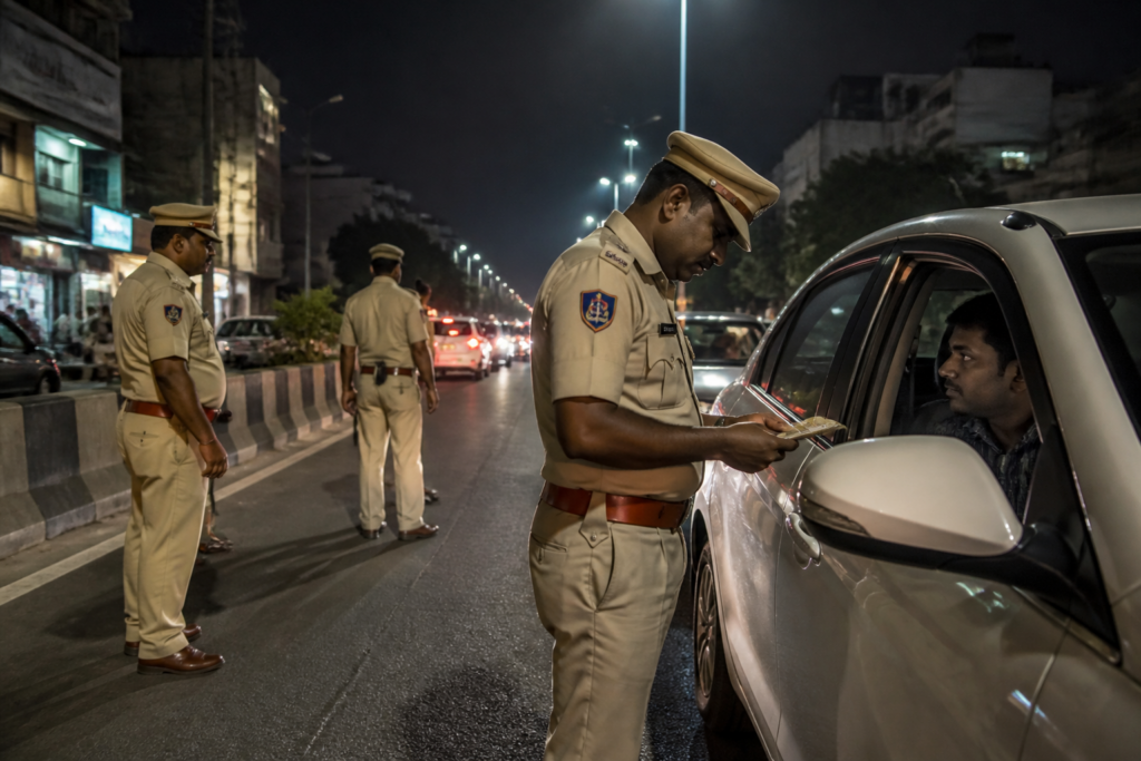 Operation Kavach Hyderabad police conducting late-night vehicle checks on a city road