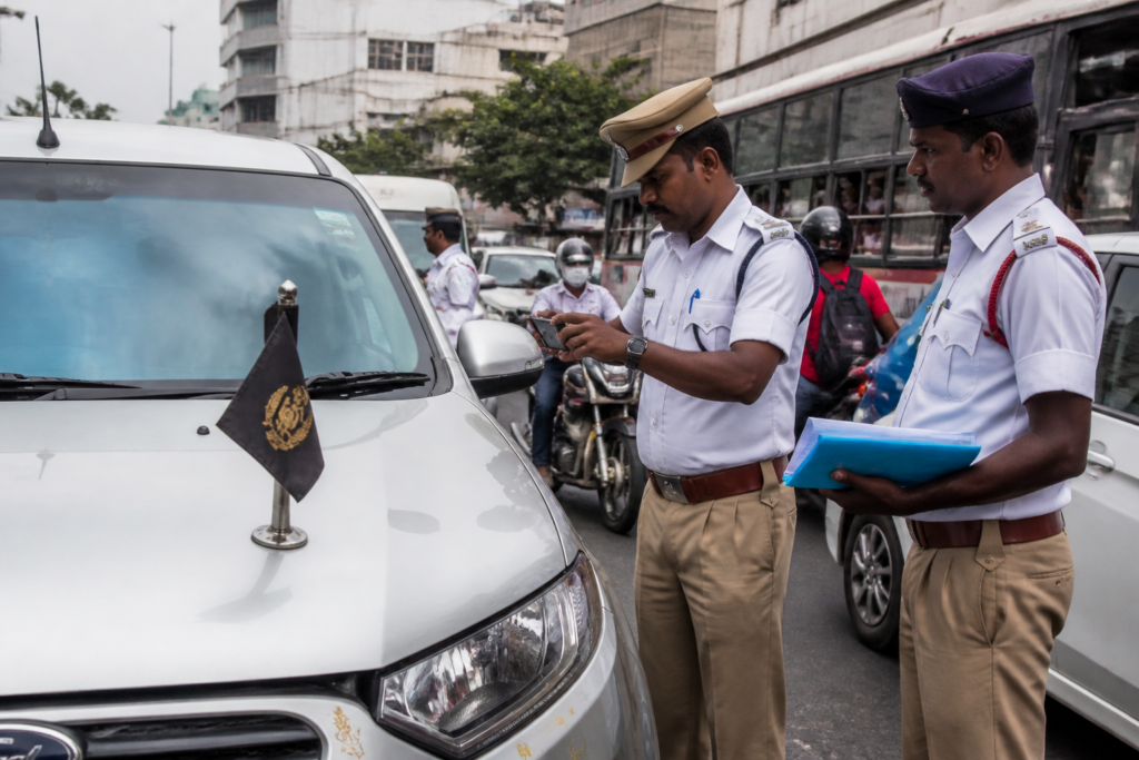Government stickers on vehicles being examined during a roadside enforcement check in Chennai