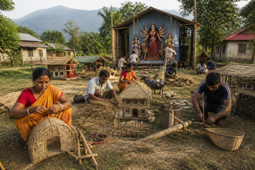 Teesta displaced families preparing a traditional Durga Puja pandal at their Majhua settlement