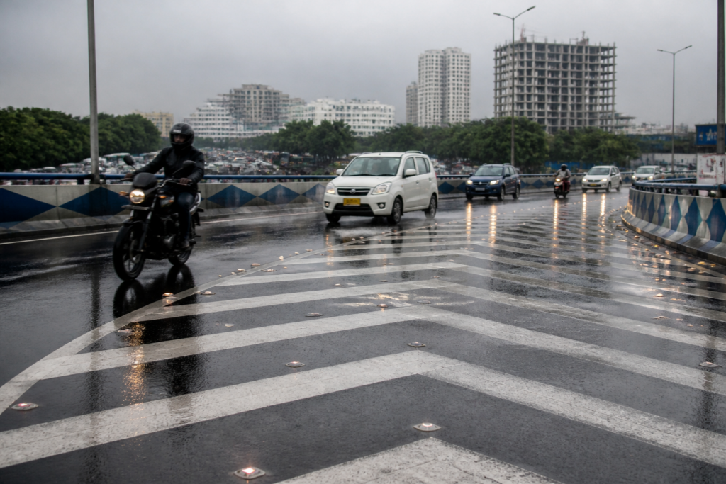 Chingrighata flyover in Kolkata with road studs installed across its wet surface