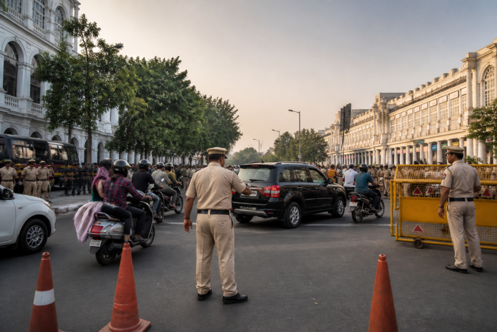 Delhi traffic curbs near Connaught Place as police prepare for a protest march