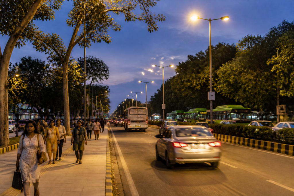 Delhi smart street lights illuminating a South Delhi road at night