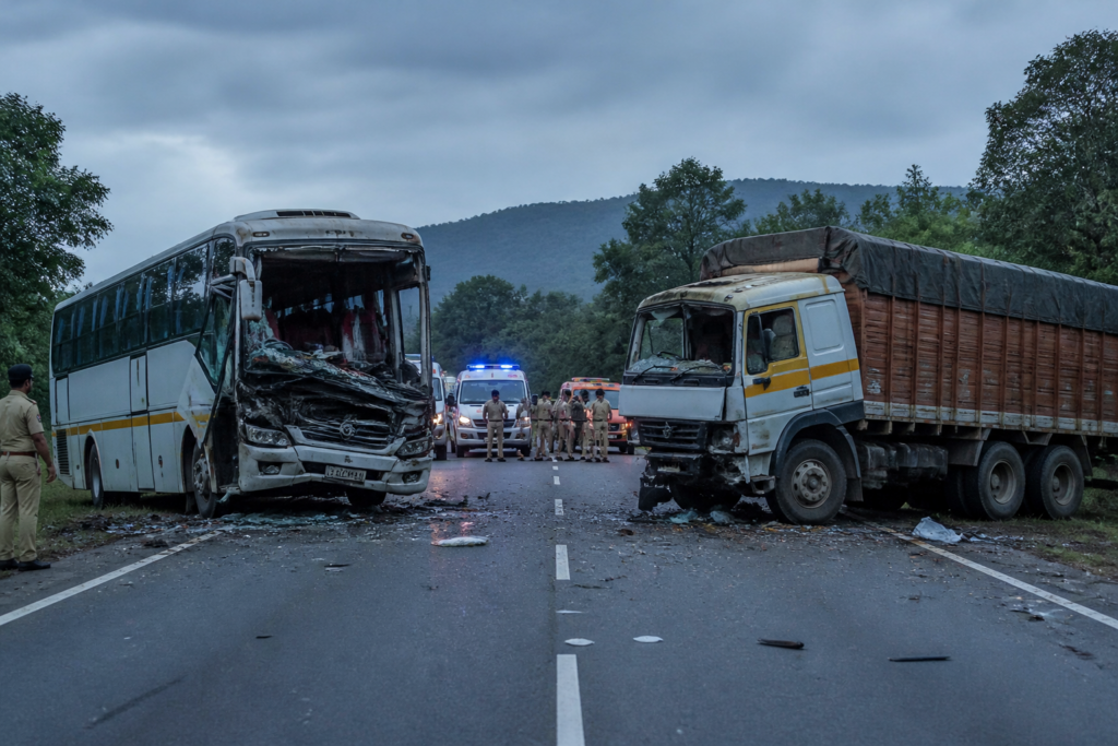 Mysuru bus accident scene involving a damaged sleeper bus and goods lorry near Periyapatna