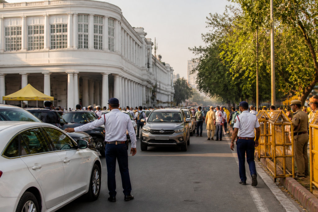 Delhi traffic advisory near Connaught Place as police manage roads during a proposed rally
