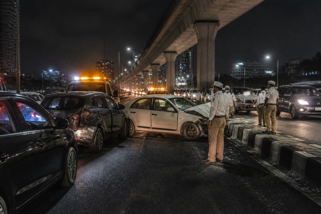 PVNR Expressway accident scene with damaged vehicles and traffic personnel in Hyderabad