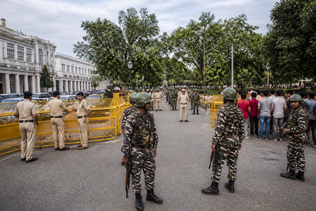 Delhi protest security outside Connaught Place during restrictions around Central Park