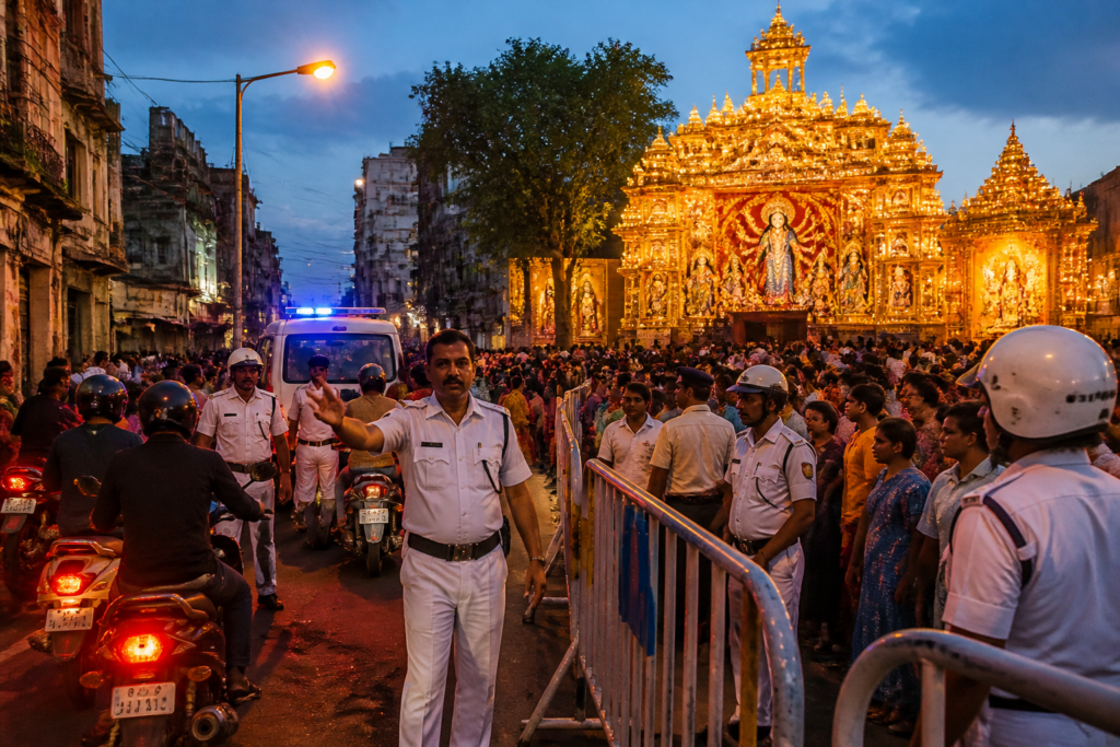 Kolkata Police personnel managing crowds and traffic near Durga Puja pandals during Panchami