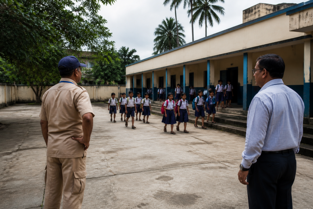 School stray dog guidelines for student safety in a West Bengal school courtyard
