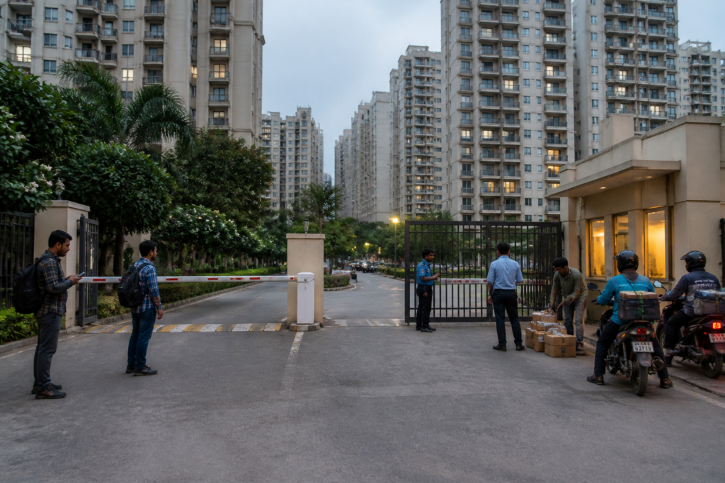Ajnara Homes society entrance in Greater Noida where residents collected parcels during an entry dispute