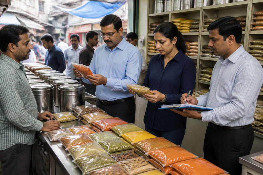 Maharashtra spice guidelines displayed through packaged spices at a regulated food market