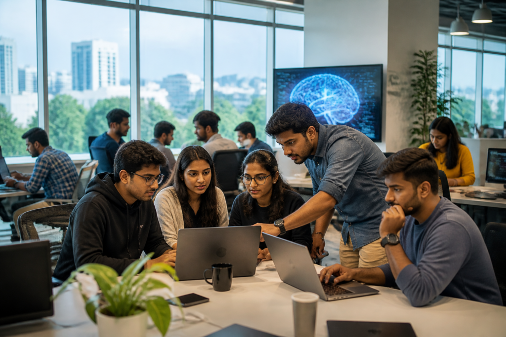 Project Helix AI skills platform concept with Bengaluru technology workers using digital learning tools