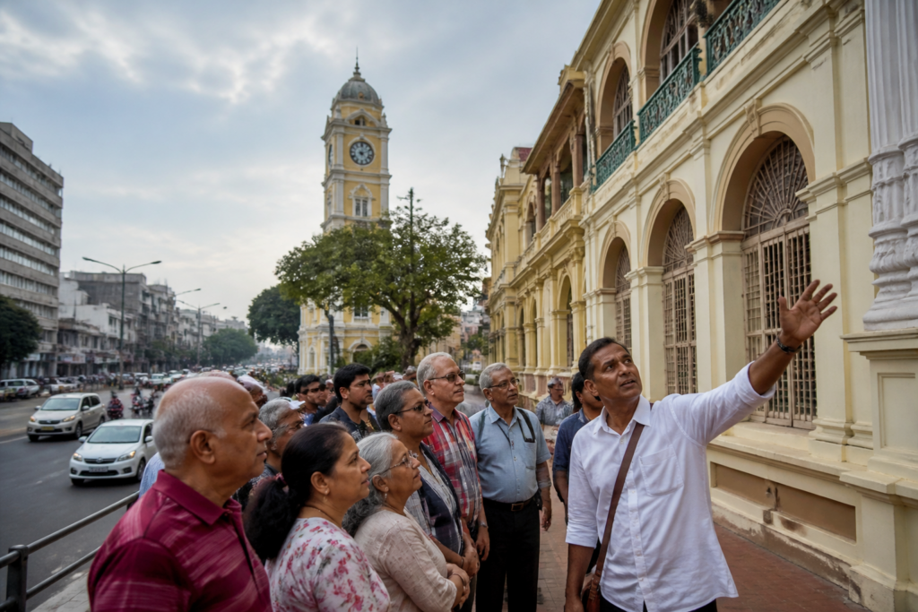 Participants on a Mysuru heritage walk near the city’s historic buildings