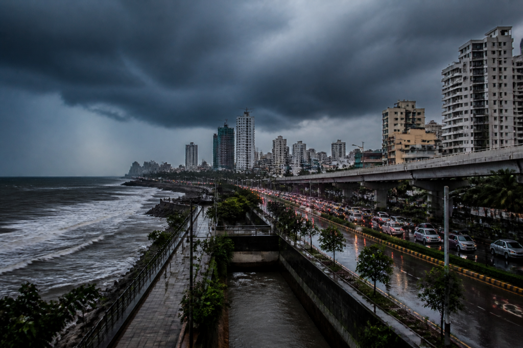 Arabian Sea cyclone clouds forming over Mumbai’s coastal skyline during heavy rain