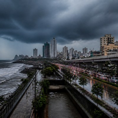 Arabian Sea cyclone clouds forming over Mumbai’s coastal skyline during heavy rain