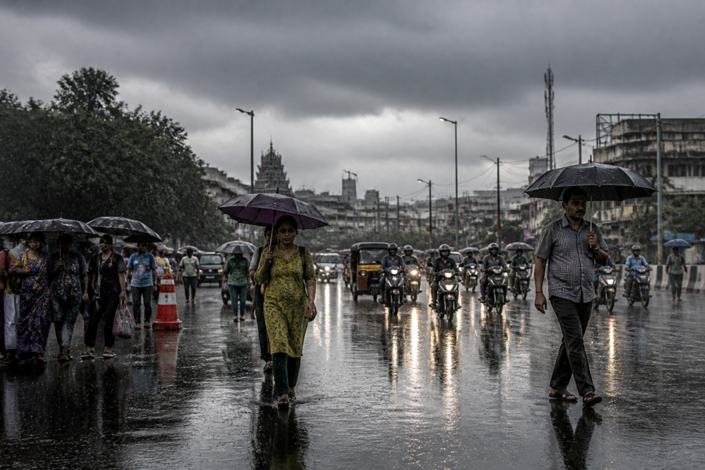 Northeast Monsoon 2026 rain over a South Indian city with dark clouds and wet streets
