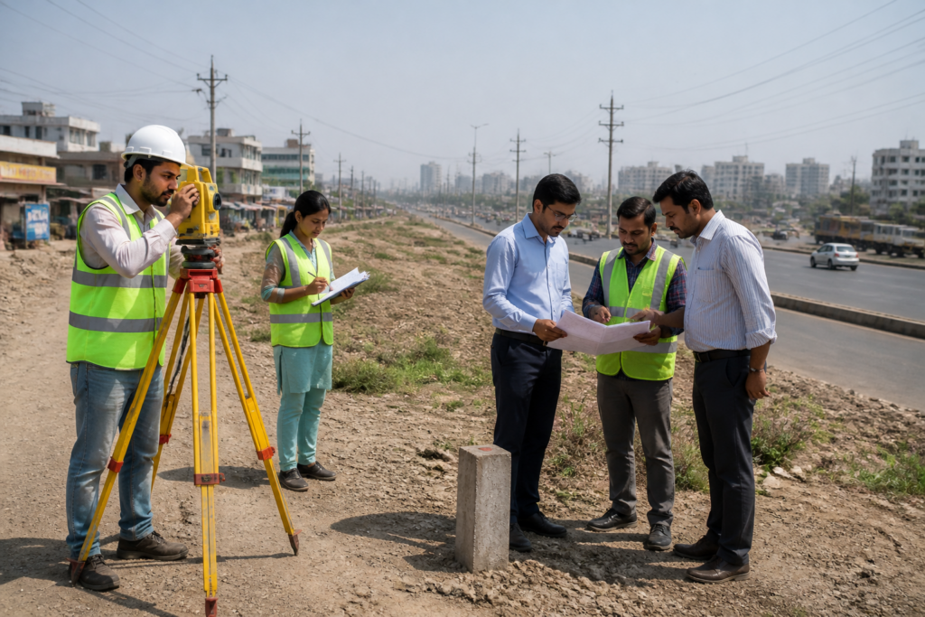 Pune HCMTR land survey corridor marked along an urban road alignment