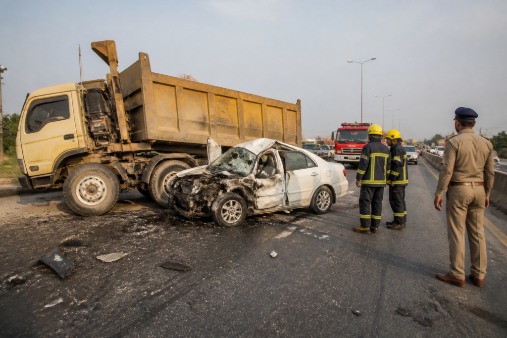 Dhandhuka Highway accident scene involving a car and dumper after a vehicle fire