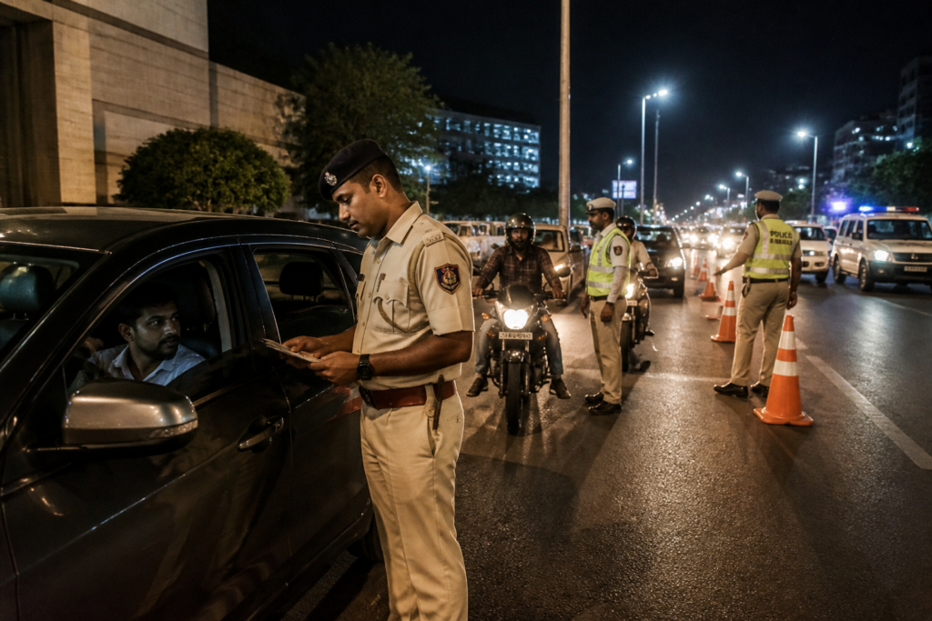 Operation Kavach Hyderabad police conducting late-night vehicle checks on a city road