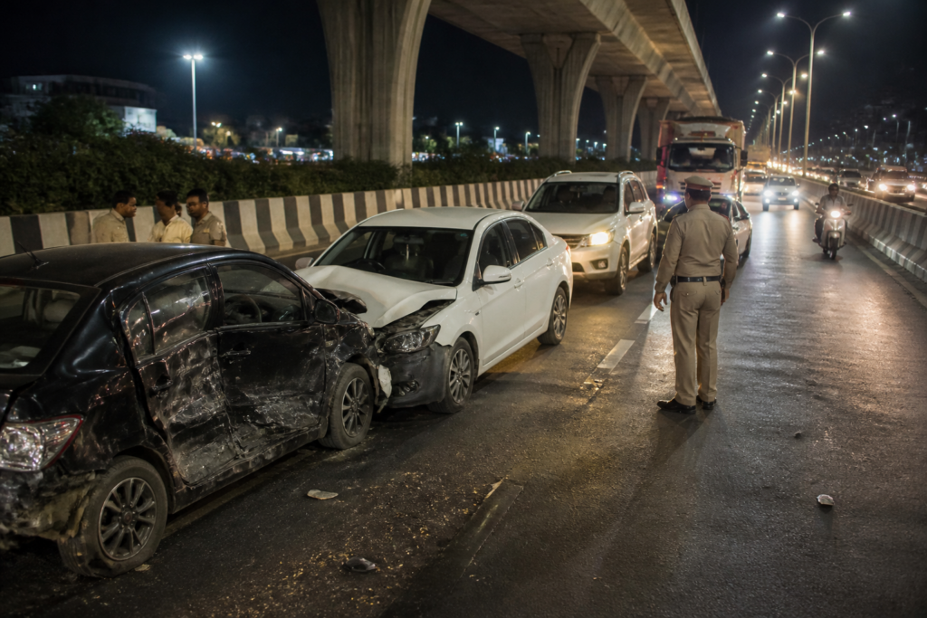 Damaged cars after a PVNR Expressway collision near Aramghar in Hyderabad