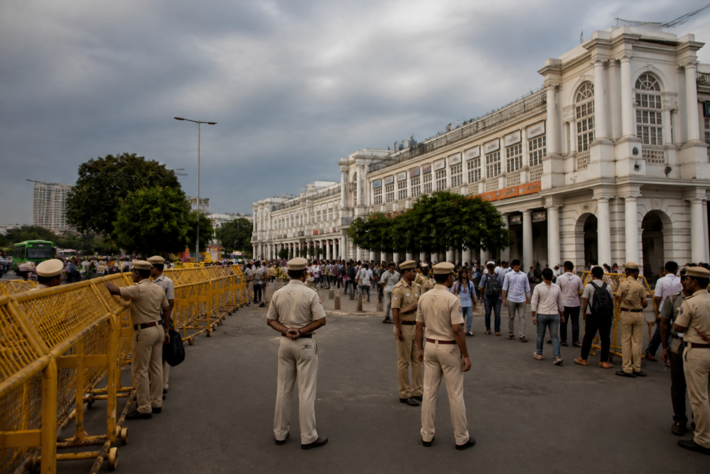Delhi Tiranga march security barricades around Connaught Place in New Delhi