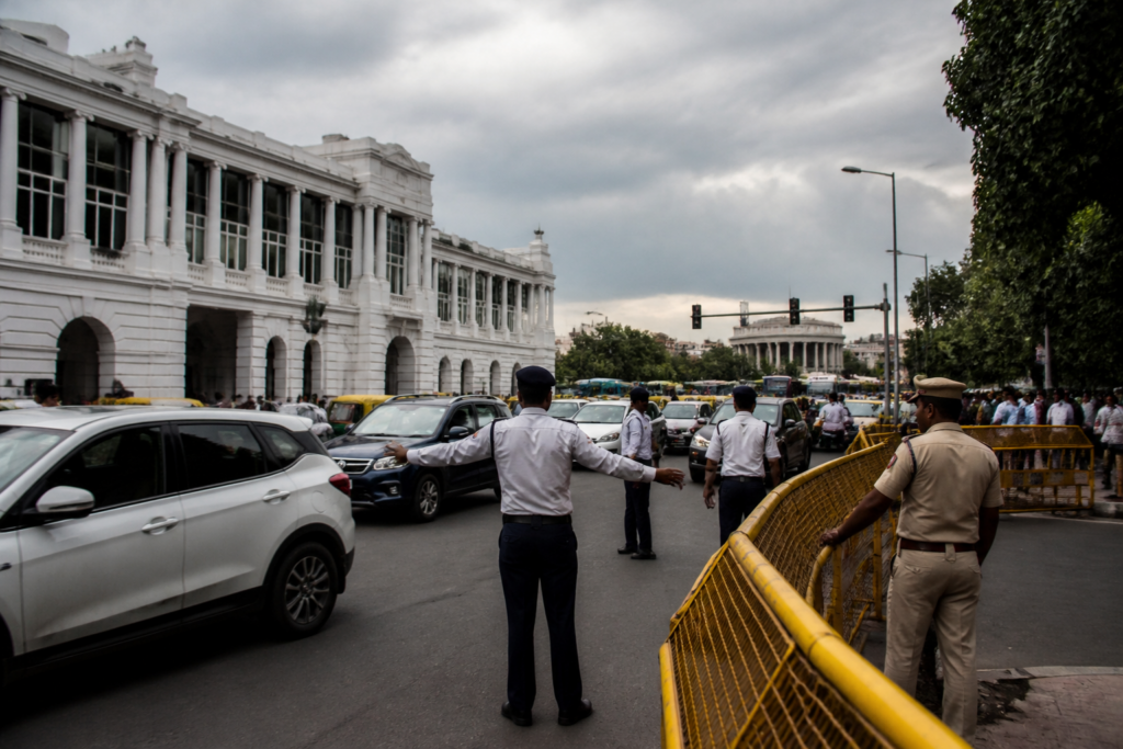 Delhi traffic restrictions near Connaught Place during a police deployment for a public march