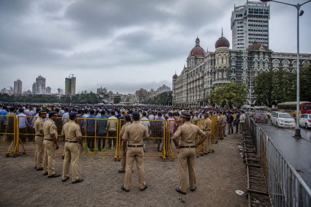 Mumbai Azad Maidan rally site with police personnel managing security around the protest ground