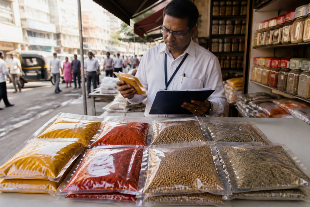 Maharashtra loose spice ban affecting packaged turmeric and chilli powders at a local market