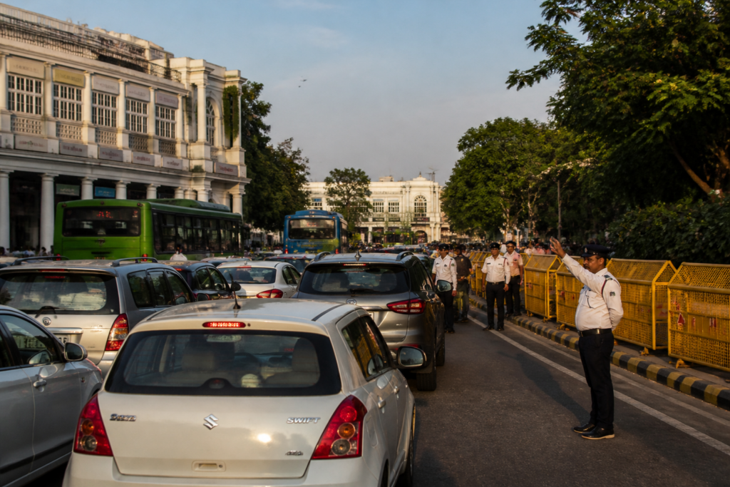 Connaught Place traffic near Central Park amid a Delhi Police advisory for a proposed rally