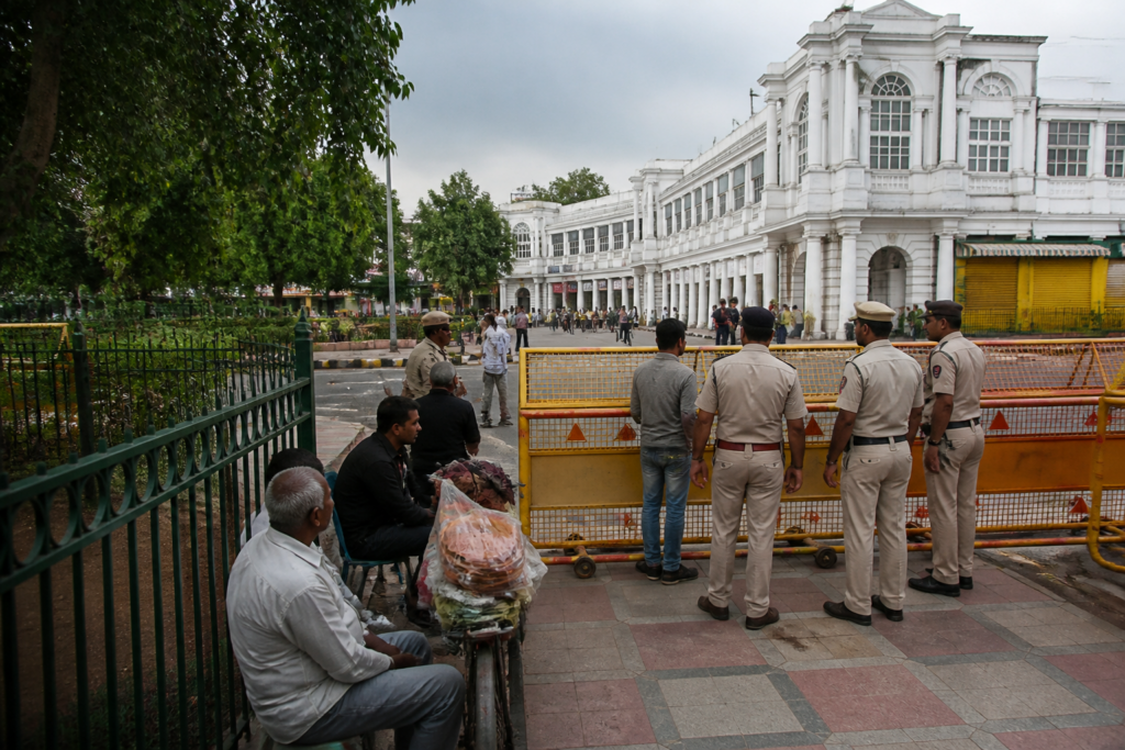Central Park closure in Connaught Place during a protest-related security restriction in New Delhi