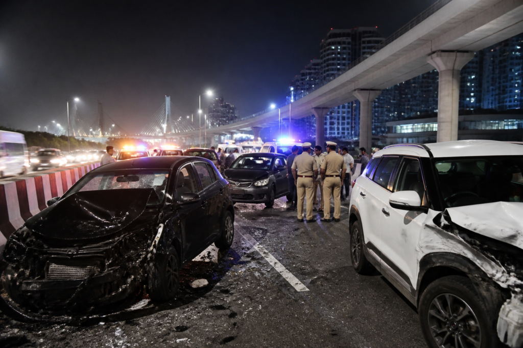 PVNR Expressway accident scene with damaged cars blocking Hyderabad’s elevated road