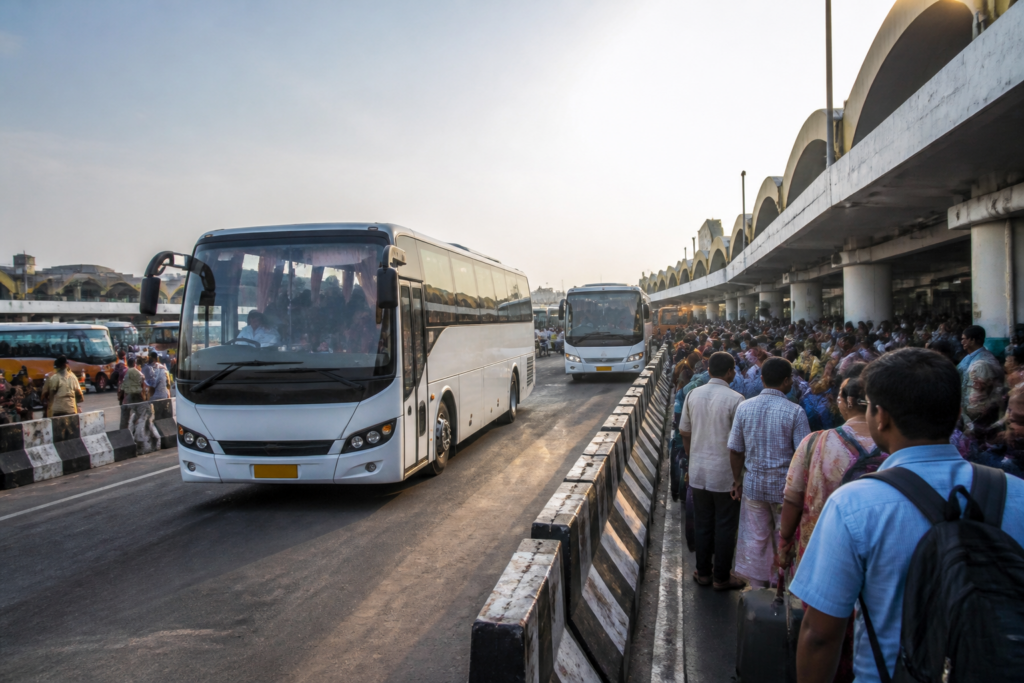 Chennai special buses at a busy city boarding point during the Ayudha Pooja holiday rush