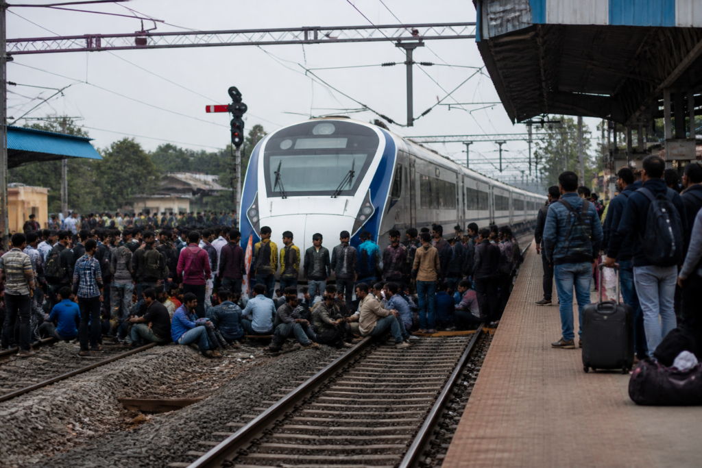 Vande Bharat Express halted during a railway protest at Kamarkundu station in West Bengal