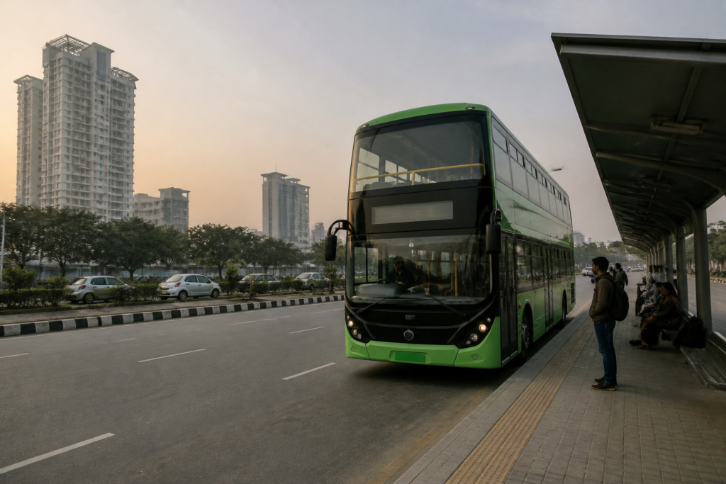 Noida Meerut e-bus service double-decker electric bus on a city road