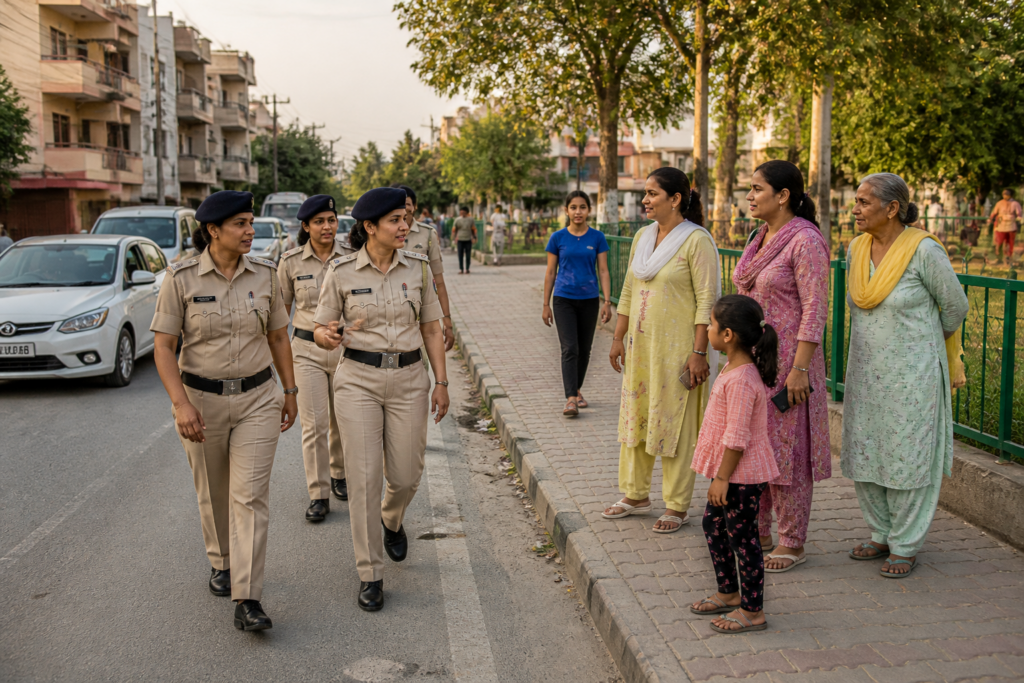Delhi police foot patrolling near a public park to improve women’s safety