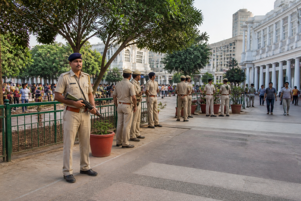 Police security deployed at Connaught Place ahead of the CJP Tiranga Yatra