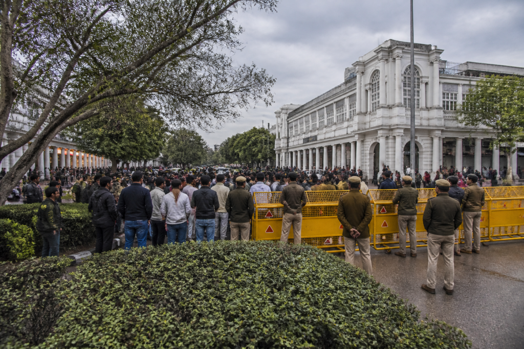 Connaught Place protest area with police restrictions around Delhi’s Central Park