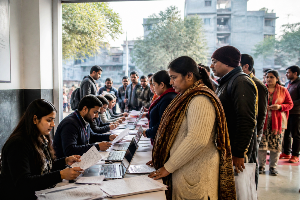 Delhi SIR voter registration help desk with officials assisting residents
