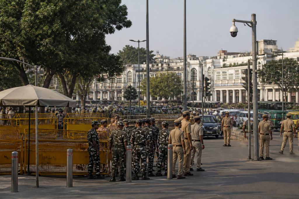Delhi Police barricades and security personnel around Connaught Place ahead of a proposed Tiranga march