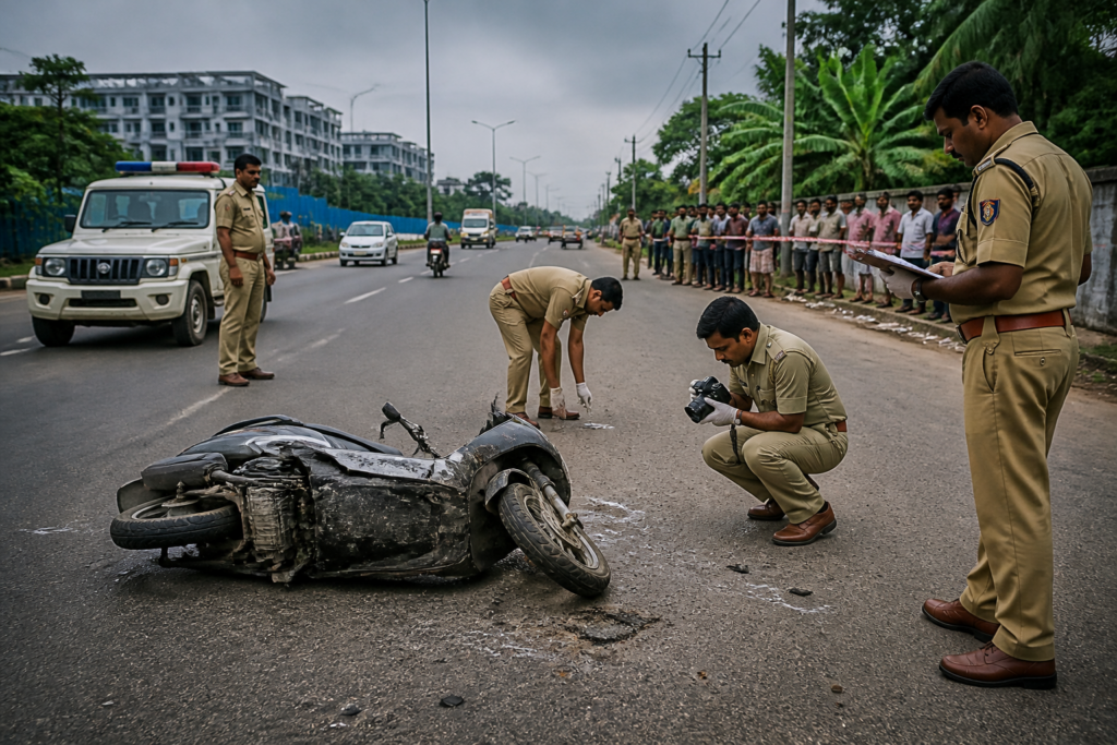 Police investigation at the site of the Kochi Mini Cooper crash near Nedumbassery