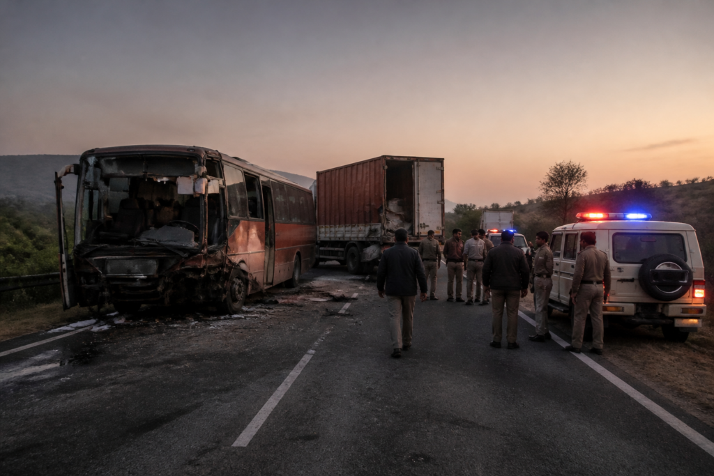 Mysuru bus crash aftermath involving a sleeper bus and lorry on a Karnataka road